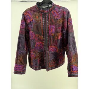 New Direction Colorful Embroidered Jacket Womens Large Black Boho Open Front